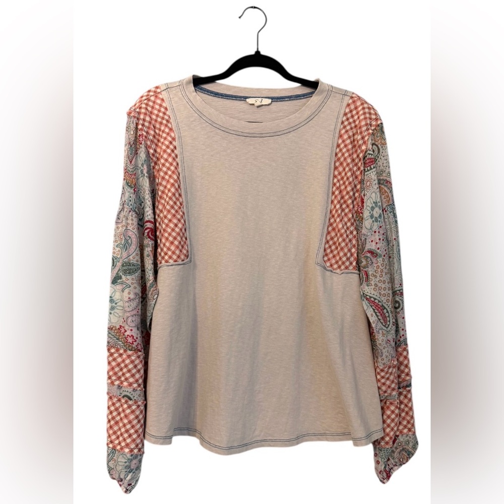 Easel Beige and Red Patchwork Long Sleeve Top